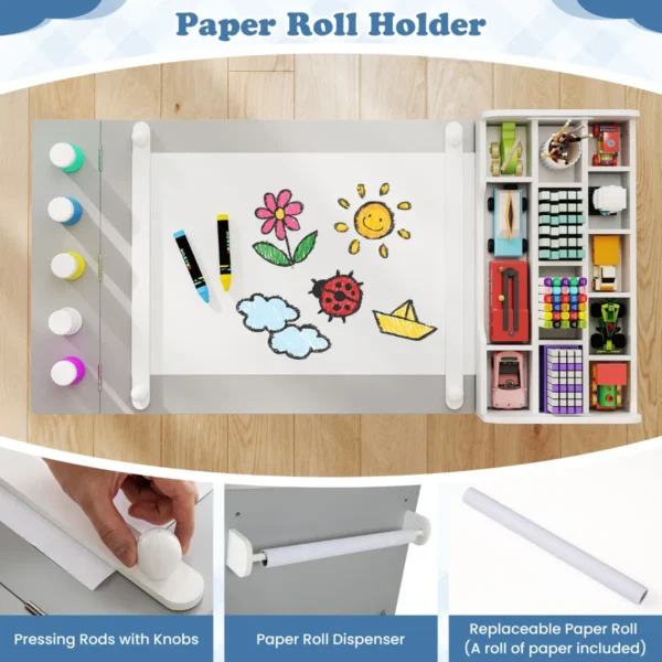 Kindertafel en stoelenset met papierrol klapdeksel planken stoffenbakken draagbare organizer voor kunstbenodigdheden om te tekenen grijs en wit 4