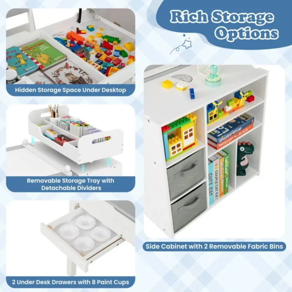 Kindertafel en stoelenset met papierrol klapdeksel planken stoffenbakken draagbare organizer voor kunstbenodigdheden om te tekenen grijs en wit 7