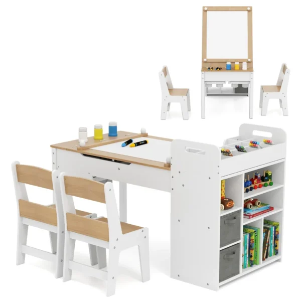 Kindertafel en stoelenset met papierrol klapdeksel planken stoffenbakken draagbare organizer voor kunstbenodigdheden om te tekenen naturel 1