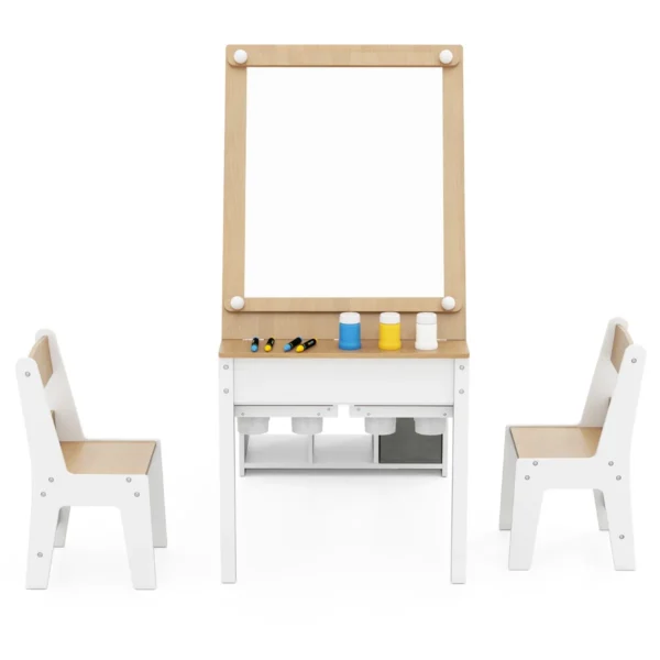 Kindertafel en stoelenset met papierrol klapdeksel planken stoffenbakken draagbare organizer voor kunstbenodigdheden om te tekenen naturel 2