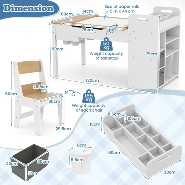 Kindertafel en stoelenset met papierrol klapdeksel planken stoffenbakken draagbare organizer voor kunstbenodigdheden om te tekenen naturel 3