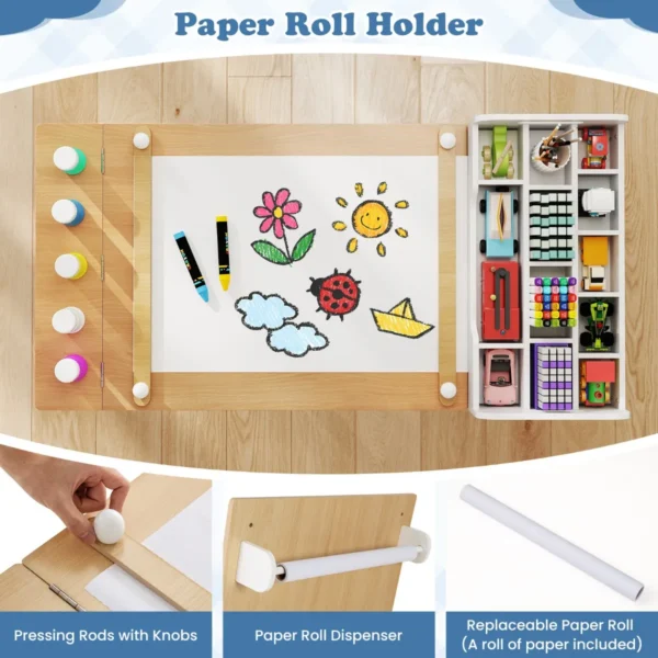 Kindertafel en stoelenset met papierrol klapdeksel planken stoffenbakken draagbare organizer voor kunstbenodigdheden om te tekenen naturel 5