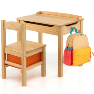 Kindertafel en stoelenset opklapbaar bureau met stoel massief houten activiteitentafelset met veiligheidsscharnier uittrekbare lade natuur 1