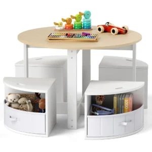 Kindertafel en stoelenset ronde nesttafel met 4 krukken 4 stoffen lades voor activiteiten spelletjes kunst natuur en wit 1