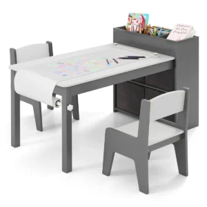 Kindertafel en stoelenset tekentafel met 2 stoelen papierhouder en rol 4 stoffen bakken open planken activiteitentafel grijs 1