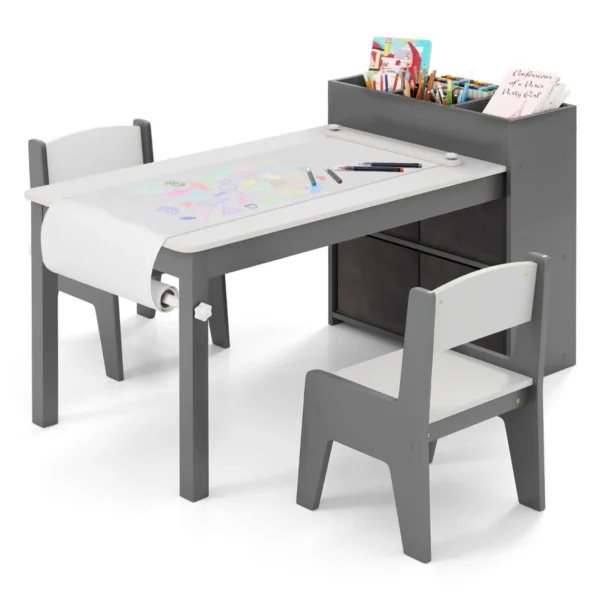 Kindertafel en stoelenset tekentafel met 2 stoelen papierhouder en rol 4 stoffen bakken open planken activiteitentafel grijs 1
