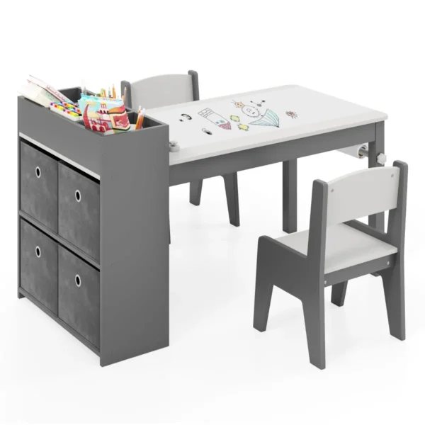 Kindertafel en stoelenset tekentafel met 2 stoelen papierhouder en rol 4 stoffen bakken open planken activiteitentafel grijs 2