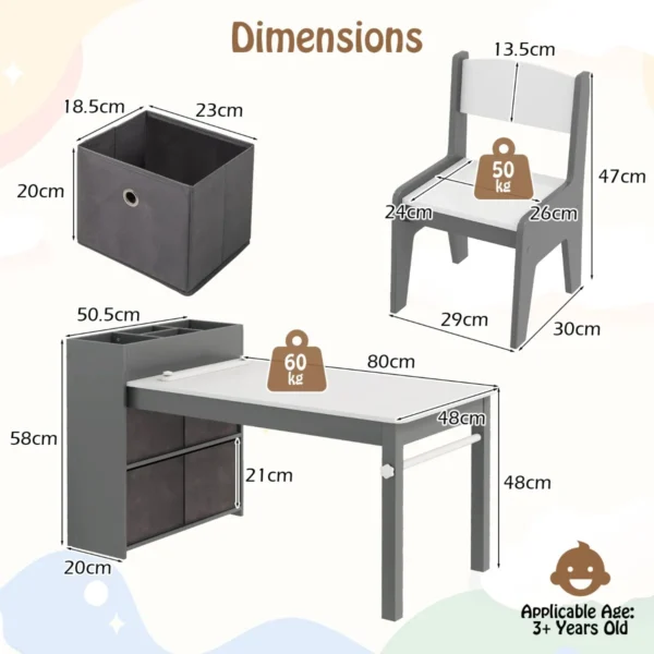 Kindertafel en stoelenset tekentafel met 2 stoelen papierhouder en rol 4 stoffen bakken open planken activiteitentafel grijs 3