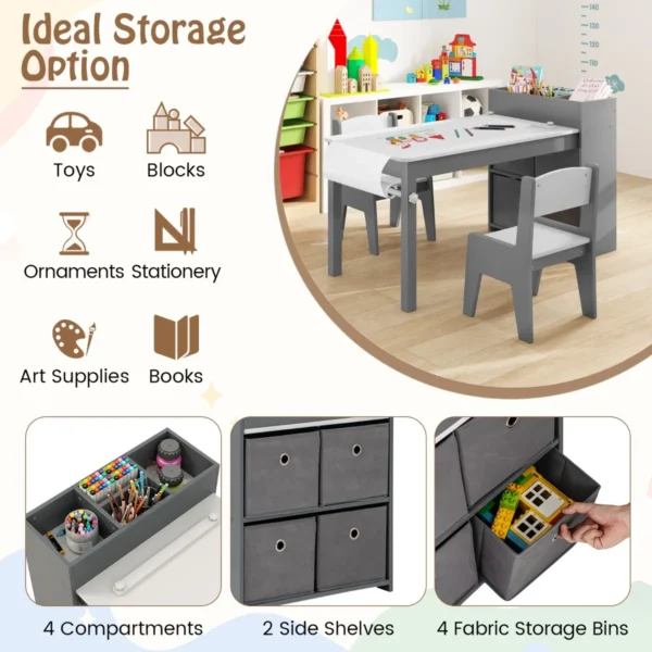 Kindertafel en stoelenset tekentafel met 2 stoelen papierhouder en rol 4 stoffen bakken open planken activiteitentafel grijs 5