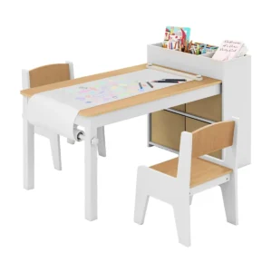 Kindertafel en stoelenset tekentafel met 2 stoelen papierhouder en rol 4 stoffen bakken open planken activiteitentafel naturel 1