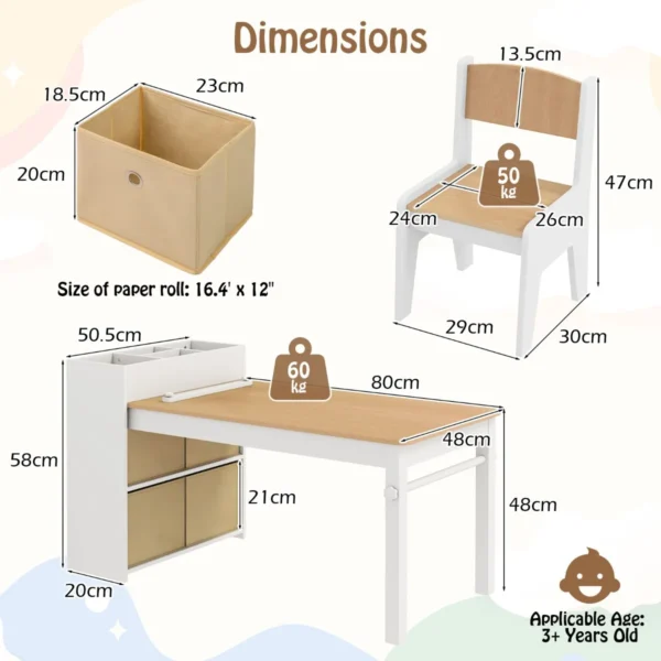 Kindertafel en stoelenset tekentafel met 2 stoelen papierhouder en rol 4 stoffen bakken open planken activiteitentafel naturel 3