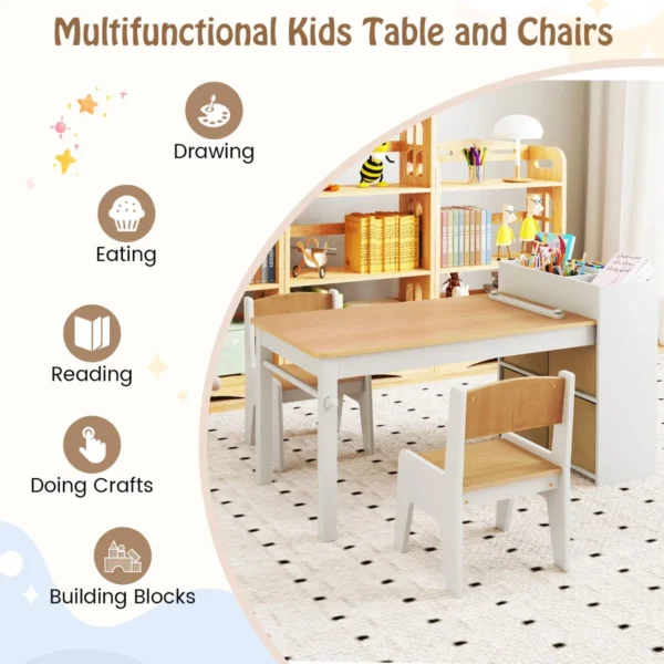 Kindertafel en stoelenset tekentafel met 2 stoelen papierhouder en rol 4 stoffen bakken open planken activiteitentafel naturel 4