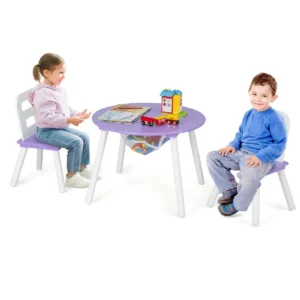 Kindertafel met 2 stoelen 3 delig houten zitgroep kinderzitgroep met afneembaar tafeldeksel opbergzak kindermeubelset stapelbaar (paars) 1