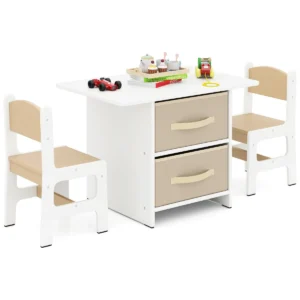 Kindertafel met 2 stoelen 3 delig houten zitgroep met 2 afneembare manden en breed tafelblad activiteitstafel beige 1