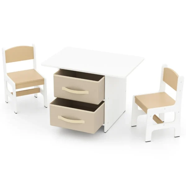 Kindertafel met 2 stoelen 3 delig houten zitgroep met 2 afneembare manden en breed tafelblad activiteitstafel beige 2