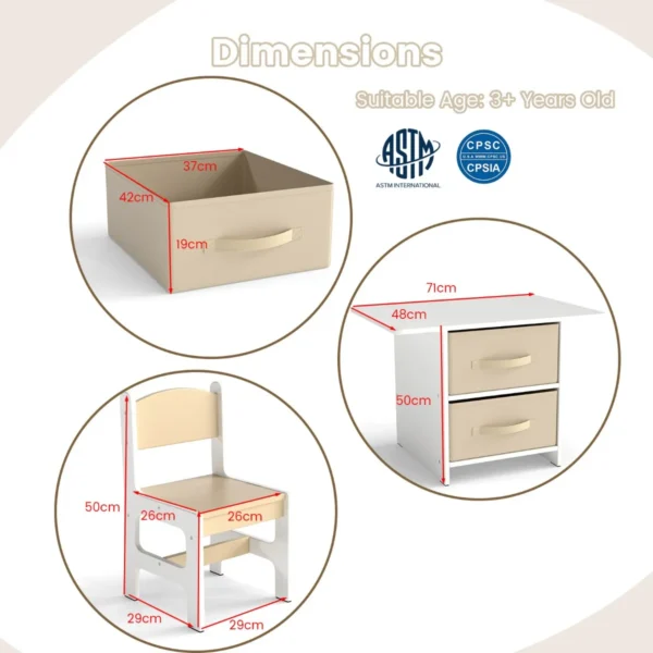 Kindertafel met 2 stoelen 3 delig houten zitgroep met 2 afneembare manden en breed tafelblad activiteitstafel beige 3