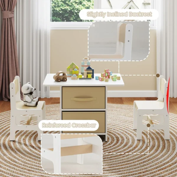 Kindertafel met 2 stoelen 3 delig houten zitgroep met 2 afneembare manden en breed tafelblad activiteitstafel beige 5
