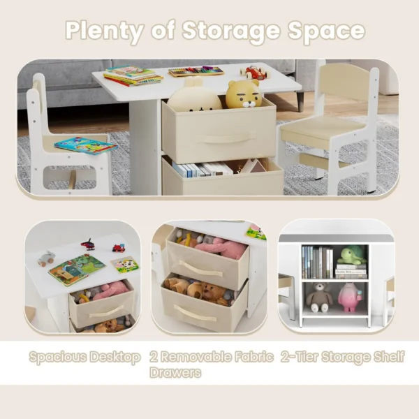 Kindertafel met 2 stoelen 3 delig houten zitgroep met 2 afneembare manden en breed tafelblad activiteitstafel beige 6