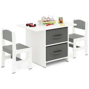 Kindertafel met 2 stoelen 3 delig houten zitgroep met 2 afneembare manden en breed tafelblad activiteitstafel grijs 1