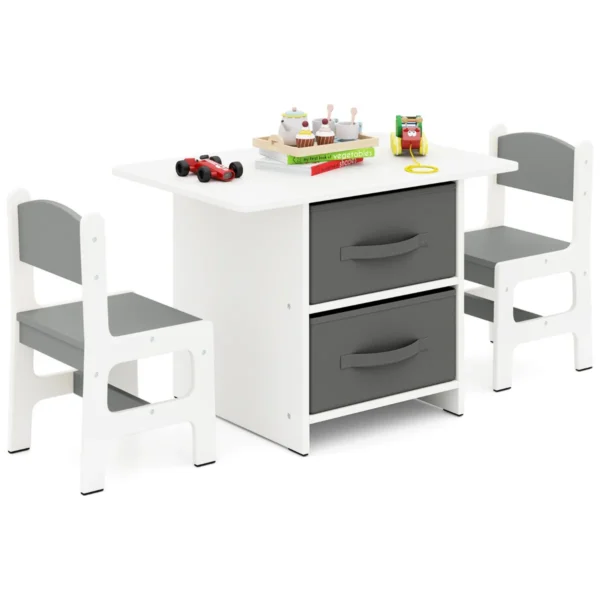 Kindertafel met 2 stoelen 3 delig houten zitgroep met 2 afneembare manden en breed tafelblad activiteitstafel grijs 1