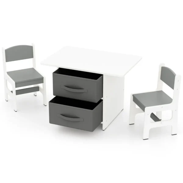Kindertafel met 2 stoelen 3 delig houten zitgroep met 2 afneembare manden en breed tafelblad activiteitstafel grijs 2