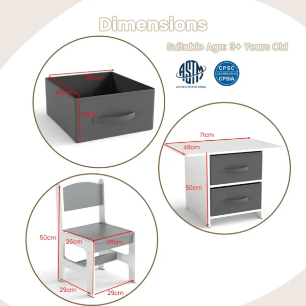 Kindertafel met 2 stoelen 3 delig houten zitgroep met 2 afneembare manden en breed tafelblad activiteitstafel grijs 3