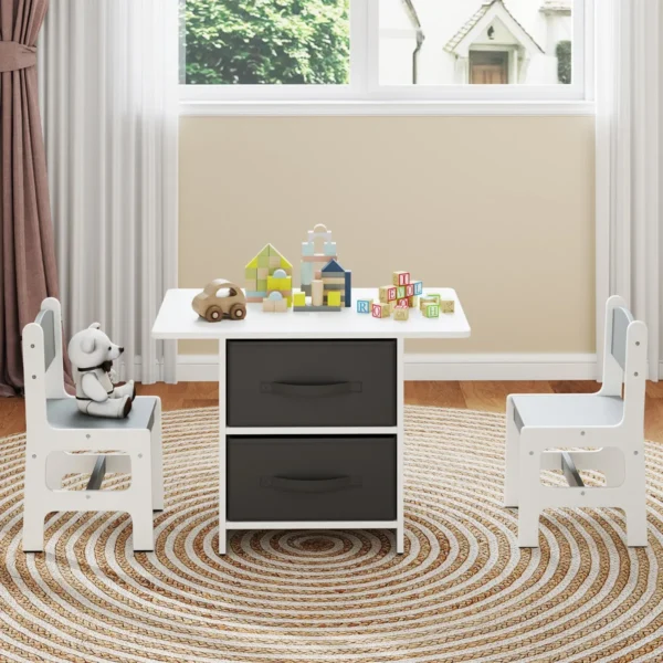 Kindertafel met 2 stoelen 3 delig houten zitgroep met 2 afneembare manden en breed tafelblad activiteitstafel grijs 4