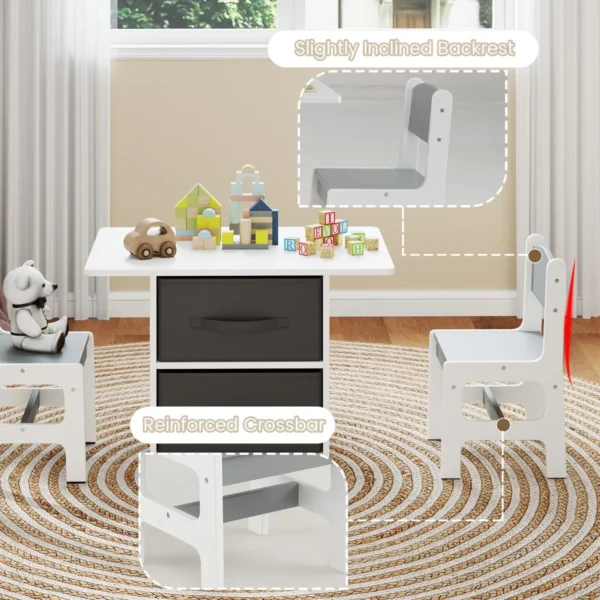 Kindertafel met 2 stoelen 3 delig houten zitgroep met 2 afneembare manden en breed tafelblad activiteitstafel grijs 5