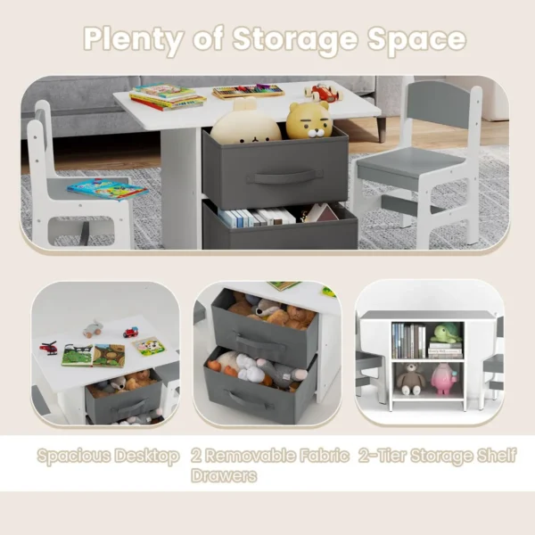 Kindertafel met 2 stoelen 3 delig houten zitgroep met 2 afneembare manden en breed tafelblad activiteitstafel grijs 7