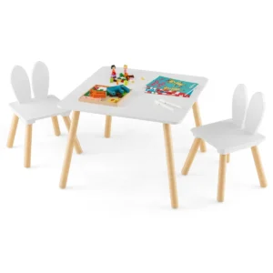 Kindertafel met 2 stoelen 3 delig kinderzitgroep met massief houten poten & konijnenoren rugleuning vierkante speeltafel wit 1