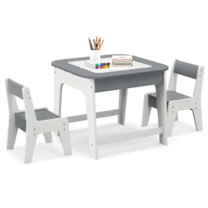 Kindertafel met 2 stoelen 3 delige houten kinderzitgroep met dubbelzijdig tafelblad 3 in 1 tekentafel & knutseltafel activiteitentafel grijs 1