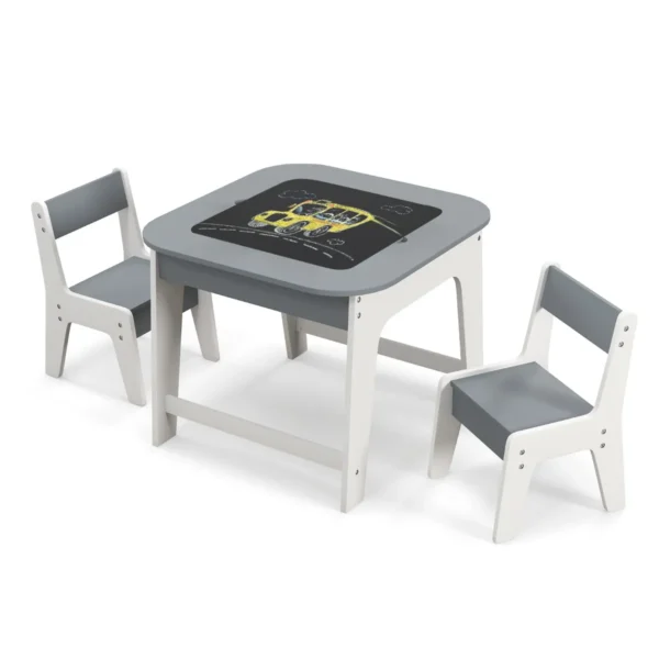 Kindertafel met 2 stoelen 3 delige houten kinderzitgroep met dubbelzijdig tafelblad 3 in 1 tekentafel & knutseltafel activiteitentafel grijs 2
