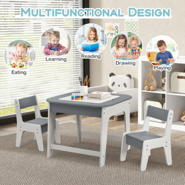 Kindertafel met 2 stoelen 3 delige houten kinderzitgroep met dubbelzijdig tafelblad 3 in 1 tekentafel & knutseltafel activiteitentafel grijs 6