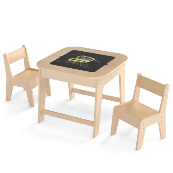 Kindertafel met 2 stoelen 3 delige houten kinderzitgroep met dubbelzijdig tafelblad 3 in 1 tekentafel & knutseltafel naturel 2