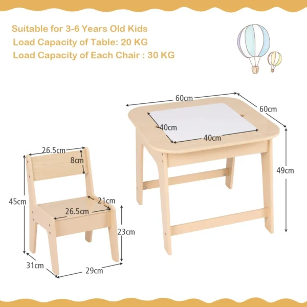 Kindertafel met 2 stoelen 3 delige houten kinderzitgroep met dubbelzijdig tafelblad 3 in 1 tekentafel & knutseltafel naturel 3