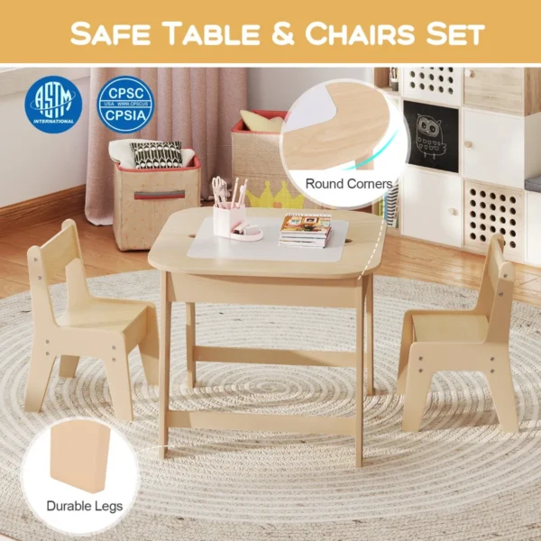 Kindertafel met 2 stoelen 3 delige houten kinderzitgroep met dubbelzijdig tafelblad 3 in 1 tekentafel & knutseltafel naturel 6