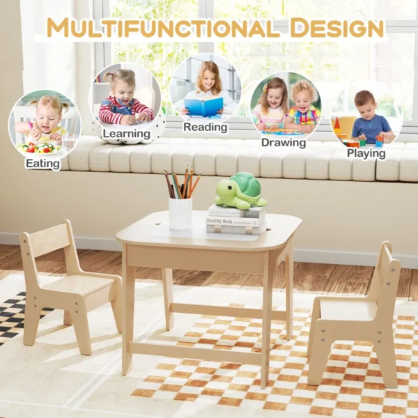 Kindertafel met 2 stoelen 3 delige houten kinderzitgroep met dubbelzijdig tafelblad 3 in 1 tekentafel & knutseltafel naturel 7