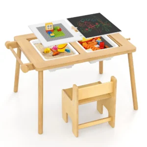 Kindertafel met omkeerbaar tafelblad speeltafel in hoogte verstelbaar van grenenhout met 2 opvouwbare bakken papierrol haken 1