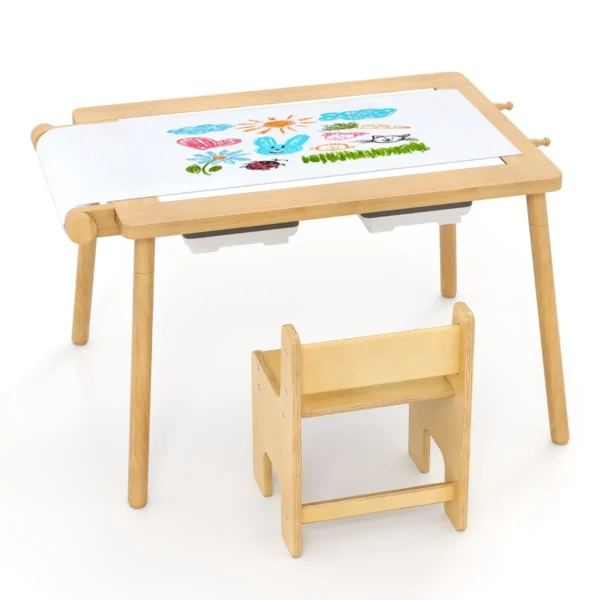 Kindertafel met omkeerbaar tafelblad speeltafel in hoogte verstelbaar van grenenhout met 2 opvouwbare bakken papierrol haken 2