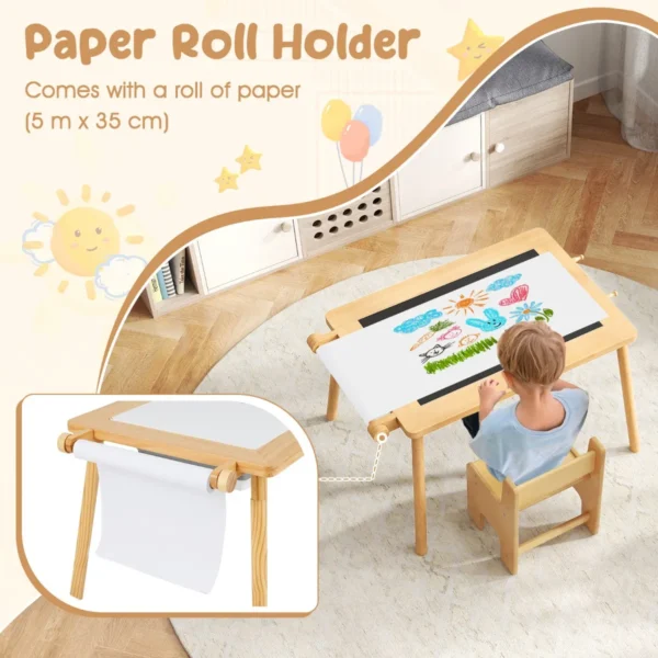 Kindertafel met omkeerbaar tafelblad speeltafel in hoogte verstelbaar van grenenhout met 2 opvouwbare bakken papierrol haken 6