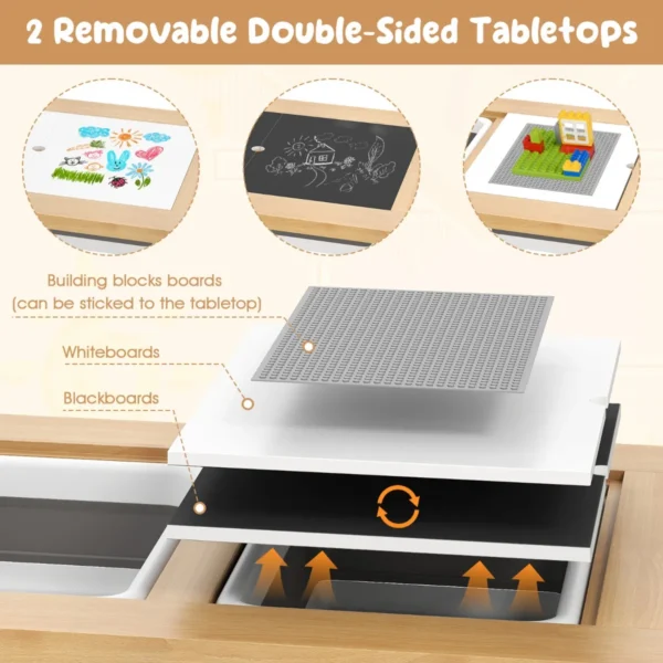 Kindertafel met omkeerbaar tafelblad speeltafel in hoogte verstelbaar van grenenhout met 2 opvouwbare bakken papierrol haken 7