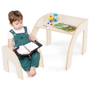 Kindertafel met stoel kinderzitgroep van hout schildertafel met afgeronde randen kindermeubelset voor jongens en meisjes 3+ beige 1