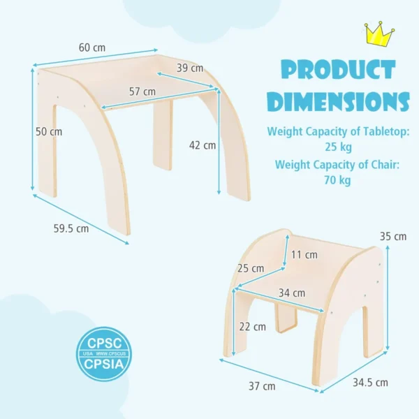 Kindertafel met stoel kinderzitgroep van hout schildertafel met afgeronde randen kindermeubelset voor jongens en meisjes 3+ beige 3