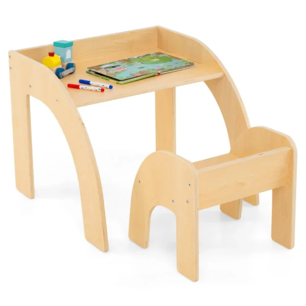 Kindertafel met stoel kinderzitgroep van hout schildertafel met afgeronde randen kindermeubelset voor jongens en meisjes 3+ natuur 2