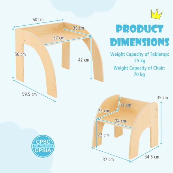 Kindertafel met stoel kinderzitgroep van hout schildertafel met afgeronde randen kindermeubelset voor jongens en meisjes 3+ natuur 3