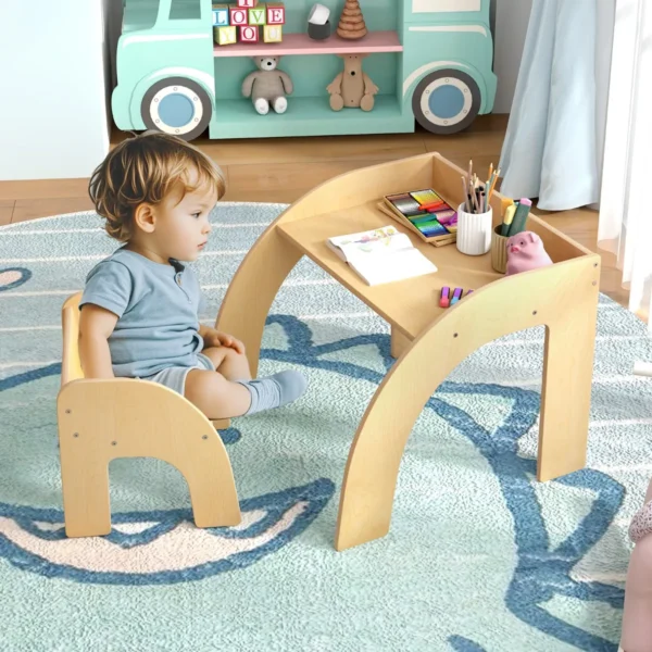 Kindertafel met stoel kinderzitgroep van hout schildertafel met afgeronde randen kindermeubelset voor jongens en meisjes 3+ natuur 6