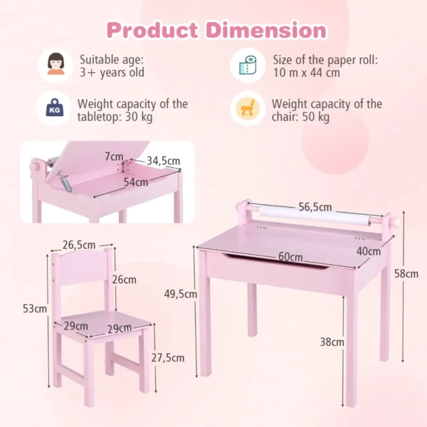 Kindertafel met stoel sensorische tafelset voor kinderen met opbergruimte en papierrolhouder voor tekenen leren & spelen 3
