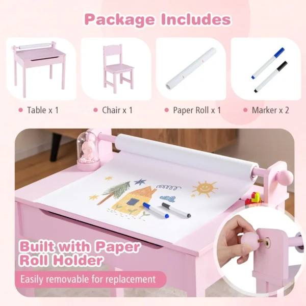 Kindertafel met stoel sensorische tafelset voor kinderen met opbergruimte en papierrolhouder voor tekenen leren & spelen 6
