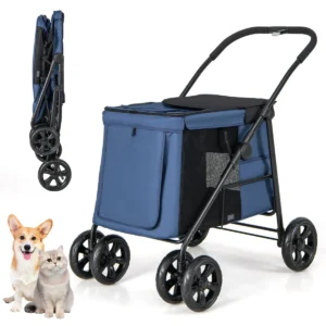 Kinderwagen voor kleine en middelgrote huisdieren met ademend gaas dakraam opbergvakken opvouwbaar met één knop marineblauw 1