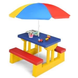 Kinderzitgroep voor buiten met parasol picknicktafel met tafelblad en 2 bankjes kindertuinmeubelen voor achtertuin terras geel 1
